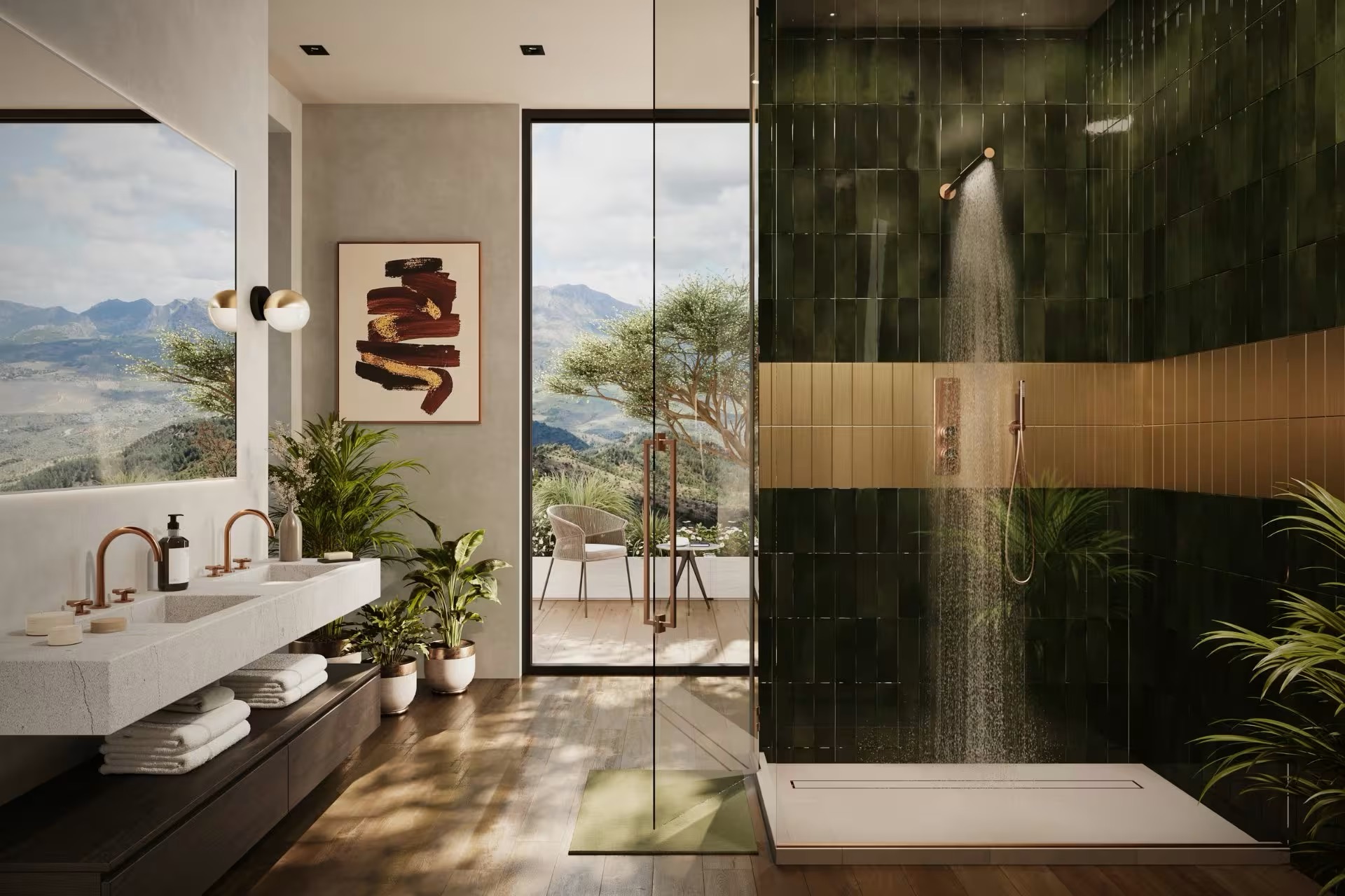 Green tile shower with rose gold fixtures